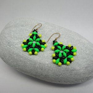 Handwoven neon and black earrings